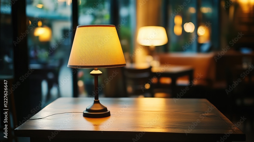 Poster cozy interior scene featuring a lamp on a wooden table with a warm glow creating an inviting atmosph