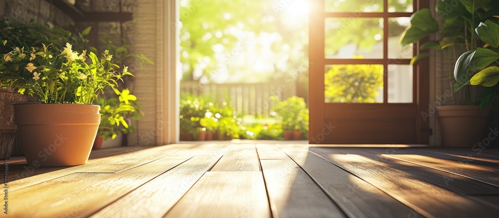 Poster sunlit suburban garage with potted plants and wooden floor creating a tranquil atmosphere and ample 