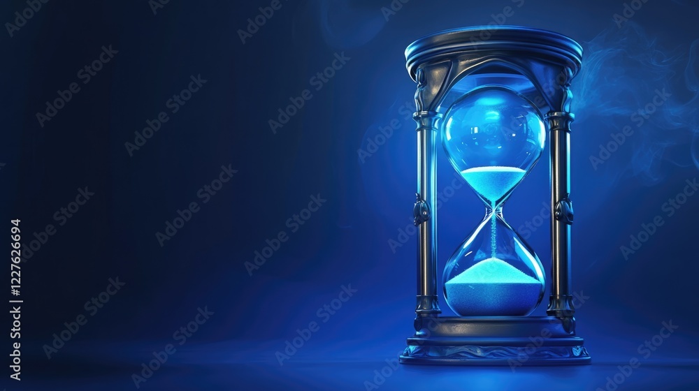 Aufkleber hourglass against a deep blue background with ample space for custom text or branding
