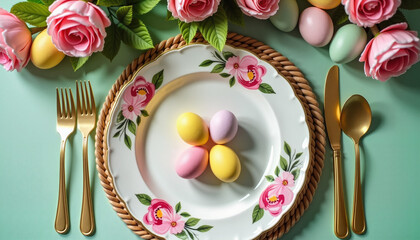 Easter table setting with colorful eggs, flowers, and gold utensils