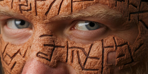 Close-up of Male Face with Engraved Mask