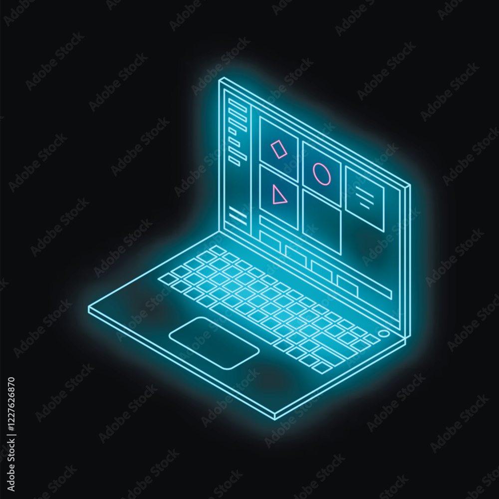 Poster glowing laptop displaying software interface with various geometric shapes and symbols, suggesting m