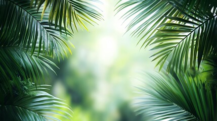 Lush Tropical Jungle Background with Vibrant Palm Leaves Bathed in Warm Sunlight Creating an Inviting and Serene Atmosphere Perfect for Relaxation and Inspiration in Nature's Embrace