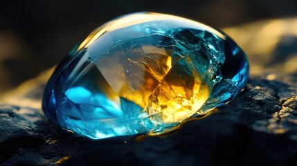 Macro view of a vibrant blue and yellow water droplet resting on a textured surface glistening in soft light.