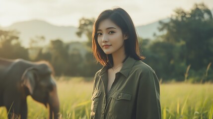 Chinese tourist, male or female, enjoying an elephant sanctuary visit in Chiang Rai, Thailand.