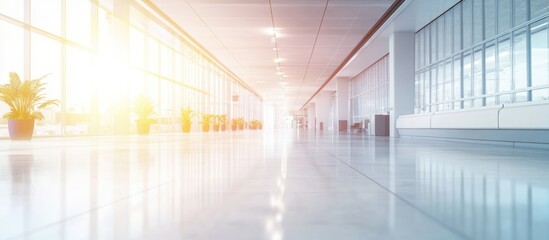 CCTV surveillance system in airport building with security camera monitoring empty corridor and natural light for text space