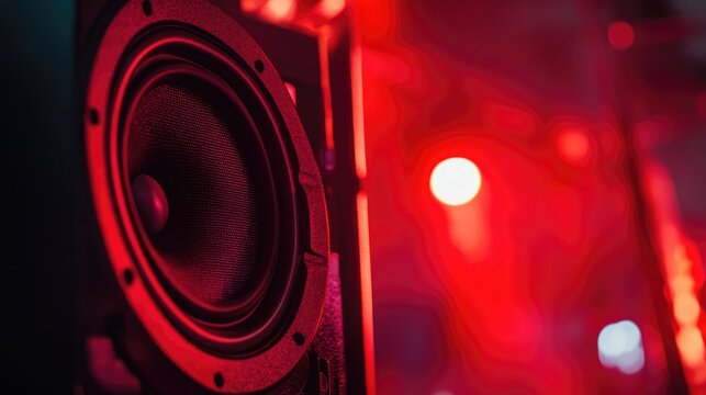 Red illuminated speaker against a vibrant background showcasing sound equipment in a music or event setting