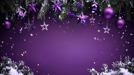 Fototapeta premium Purple Christmas Background with Hanging Stars and Snowflakes Ideal for Holiday Designs and Greeting Cards