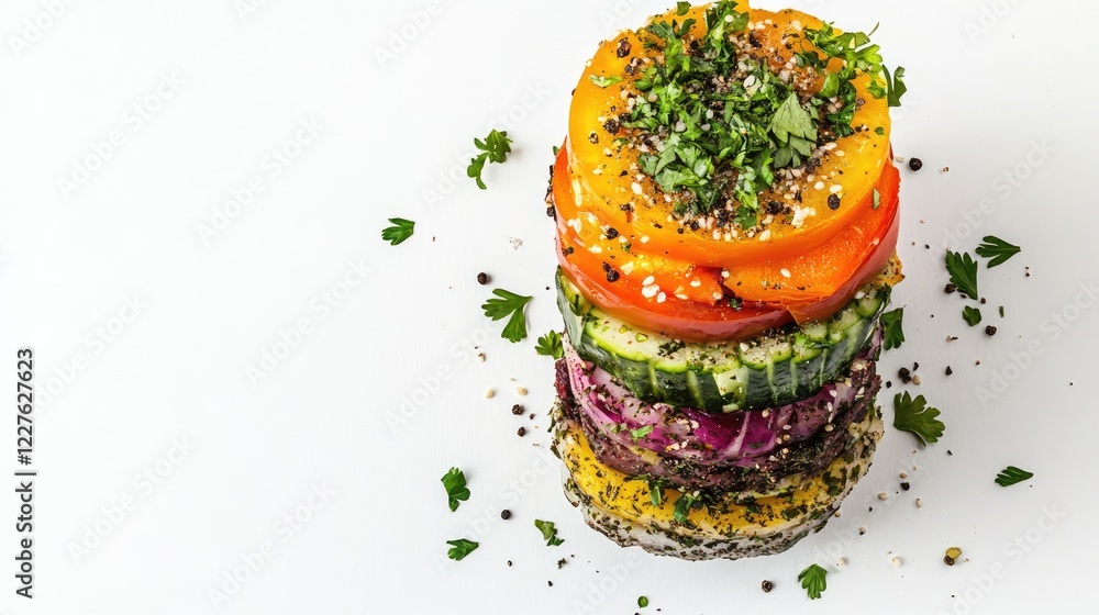 Poster vibrant stack of colorful vegan dishes featuring fresh herbs and spices on a white background with s