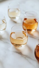 Four glasses of different colored liquids sit on a marble surface.  The colors range from pale yellow to amber.