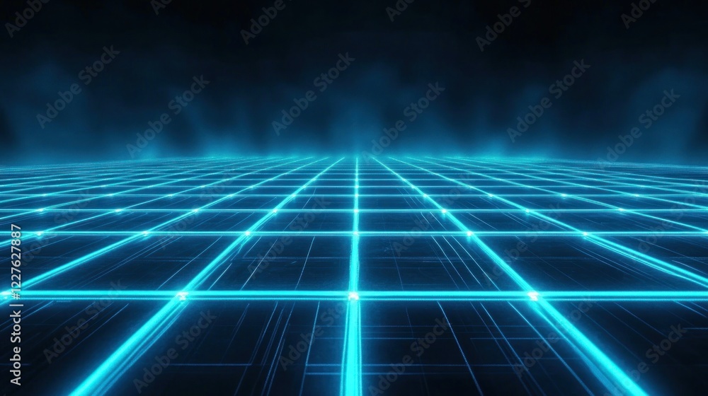 Aufkleber a glowing tech-inspired grid with interconnected neon lines creating a futuristic perspective