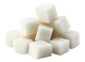 Pile of white sugar cubes stacked together, isolated on transparent cutout background