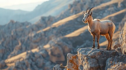 Obraz premium Mountain Goat Perched on Rocky Clifftop at Sunset