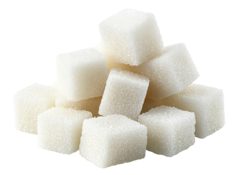 Pile of white sugar cubes stacked together, isolated on transparent cutout background