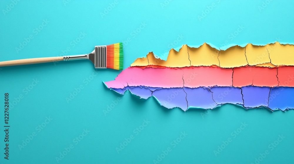 Poster image of a person painting a new rainbow flag over a torn one stock photo with side copy space