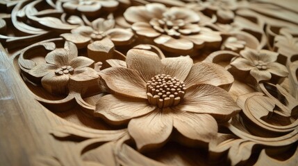 Wooden floral relief design created through laser cutting and engraving technology on a detailed wooden surface.