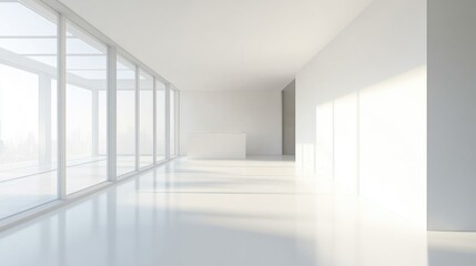 Fototapeta premium Modern minimalist office interior featuring large glass windows and a bright, airy atmosphere with white and metal design elements.