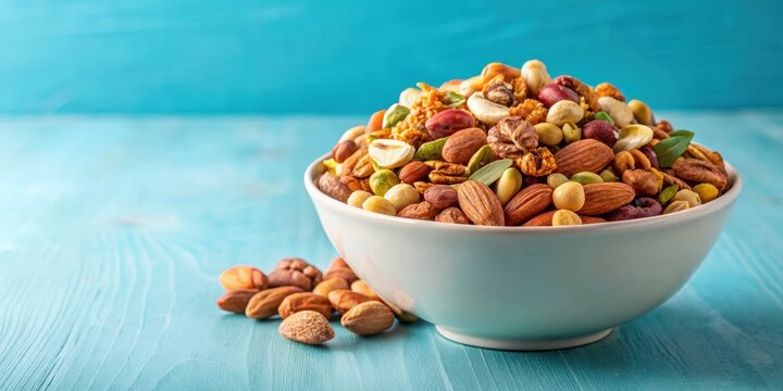 A large serving bowl overflows with a medley of crunchy mixed nuts including pistachios in a vibrant display against a soft pastel blue background , snack, wooden bowl