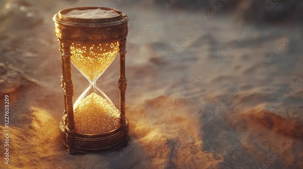 Poster elegant hourglass filled with sparkling sand illuminated by soft light creating a tranquil and timel
