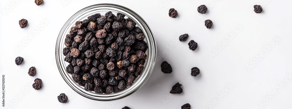 Poster dried black mulberries in a glass jar on a clean white background with empty space for text or desig