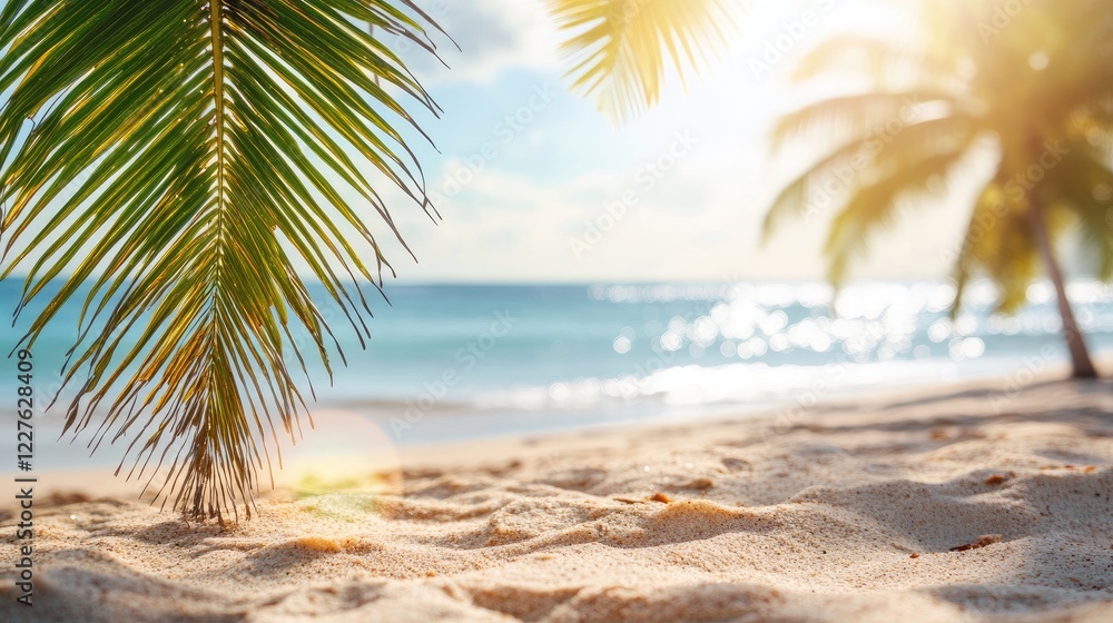 Poster bokeh effect on tropical beach sand with sunlight creating a serene and inviting coastal atmosphere 