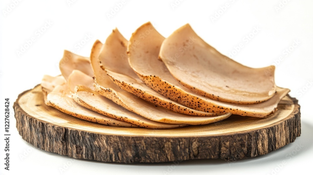 Poster luyang huang slices displayed on rustic wooden platter isolated on white background showcasing moder