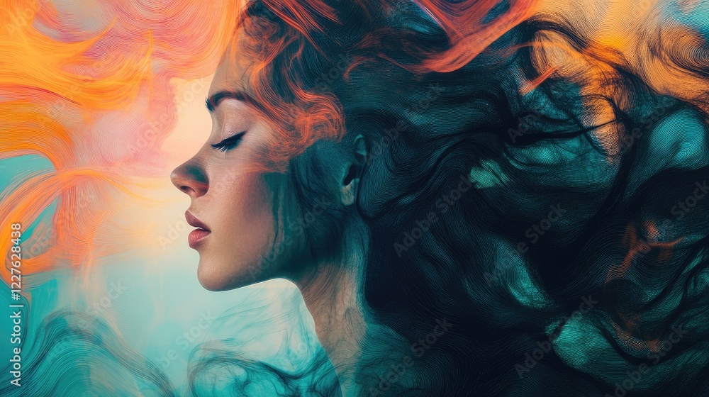 Poster visualization of internal conflict and anxiety represented through abstract art and colorful swirls 