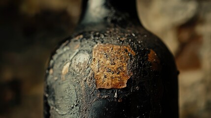 Fototapeta premium Macro shot of a vintage wine bottle with a weathered surface and missing label emphasizing the beauty of age and authenticity
