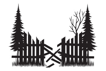 Broken Wooden Fence Silhouette with Trees Illustration