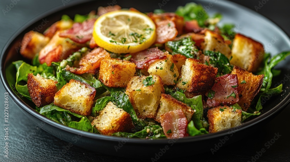 Poster ceramic plate with caesar salad featuring bacon lettuce croutons and lemon slice arranged on dark ba