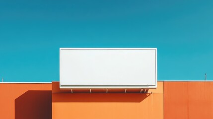 Minimalist white billboard on vibrant orange building against a clear blue sky highlighting advertising and urban architecture simplicity.