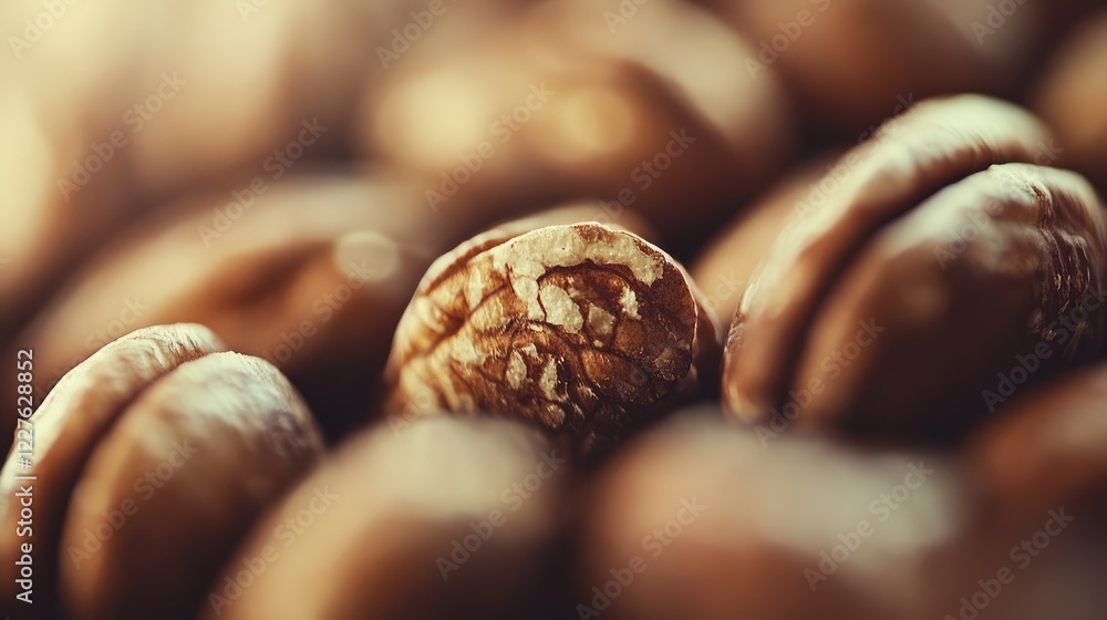 Poster close-up macro image of pecan nuts showcasing intricate textures and details in a blurred background