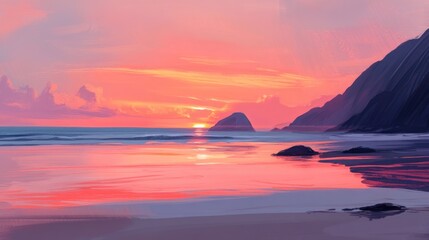 Fototapeta premium Vibrant sunset over serene beach with orange and pink hues in the sky reflecting on water and ample copyspace for text or messaging