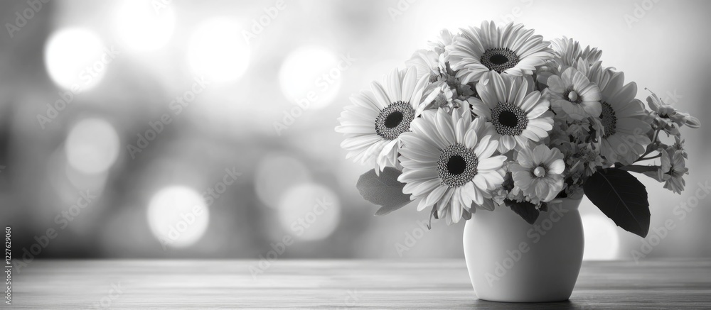 Poster elegant flower bouquet in a vase on a table with blurred background empty space for custom greeting 