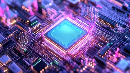 Obraz premium Glowing chip in circuit board closeup, background of wires, tech use