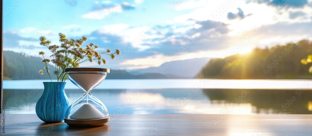 Aufkleber hourglass on table with serene lake view symbolizing tranquility and the passage of time with empty 