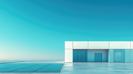 Obraz premium Modern Minimalist Residential Rooftop Featuring Solar Energy System Under Clear Blue Sky Ideal for Sustainable Living and Energy Efficiency Concepts