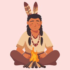 Male north american indian sitting before a fire Cartoon Vector Icon Illustration