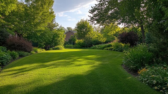 Lush green lawn freshly aerated and verified with vibrant foliage under a clear sky creating a tranquil outdoor space