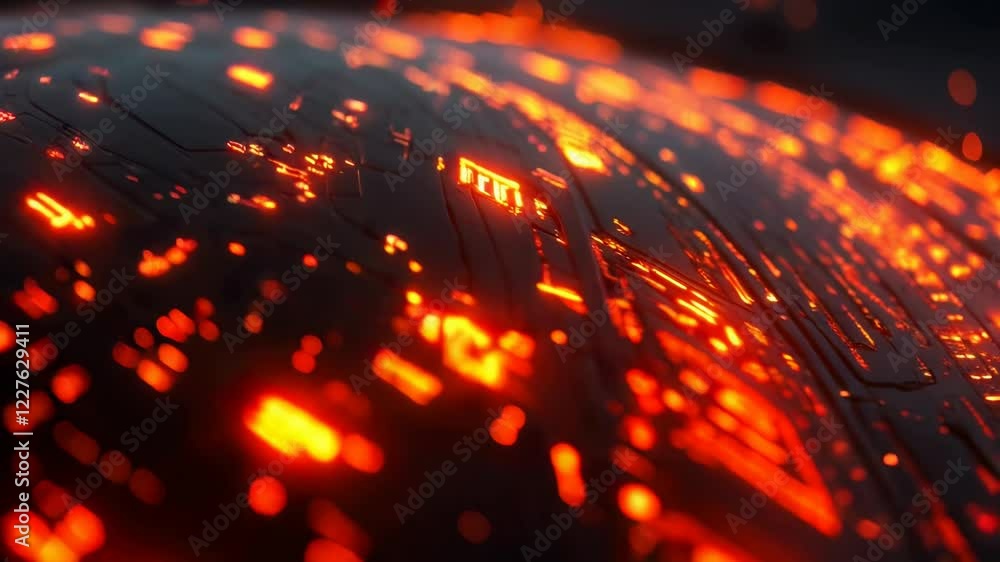 Aufkleber abstract animation of glowing orange and red circuit board patterns on a dark background. intricate 