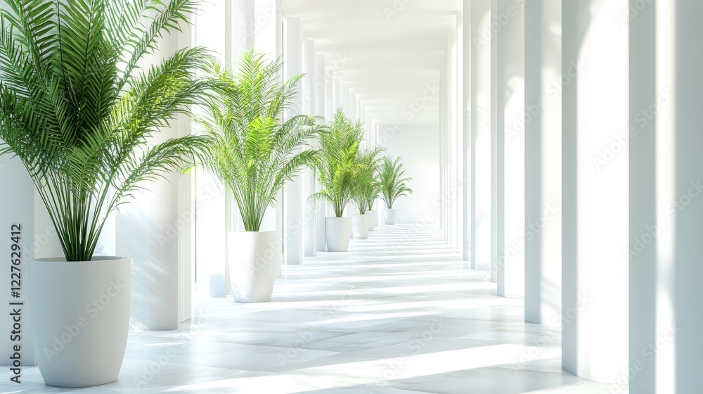 Poster bright and spacious corridor with white columns and greenery creating a serene atmosphere in a moder