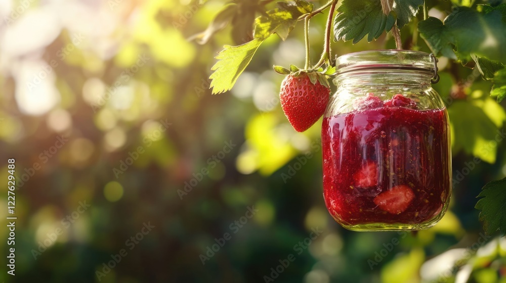 Poster close up of strawberry jam jar hanging on tree branch surrounded by fresh strawberries and sunlight 