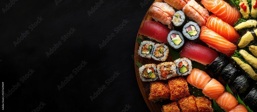 Poster sushi restaurant feast displaying expert craftsmanship and vibrant food presentation with ample empt