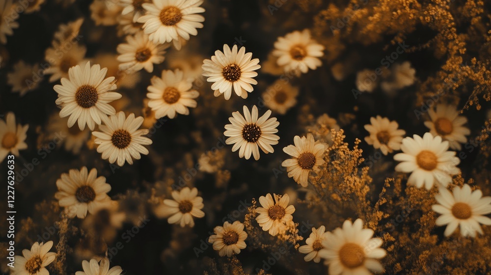 Aufkleber daisies in a warm summer meadow showcasing intricate details in a horizontal macro top view composit