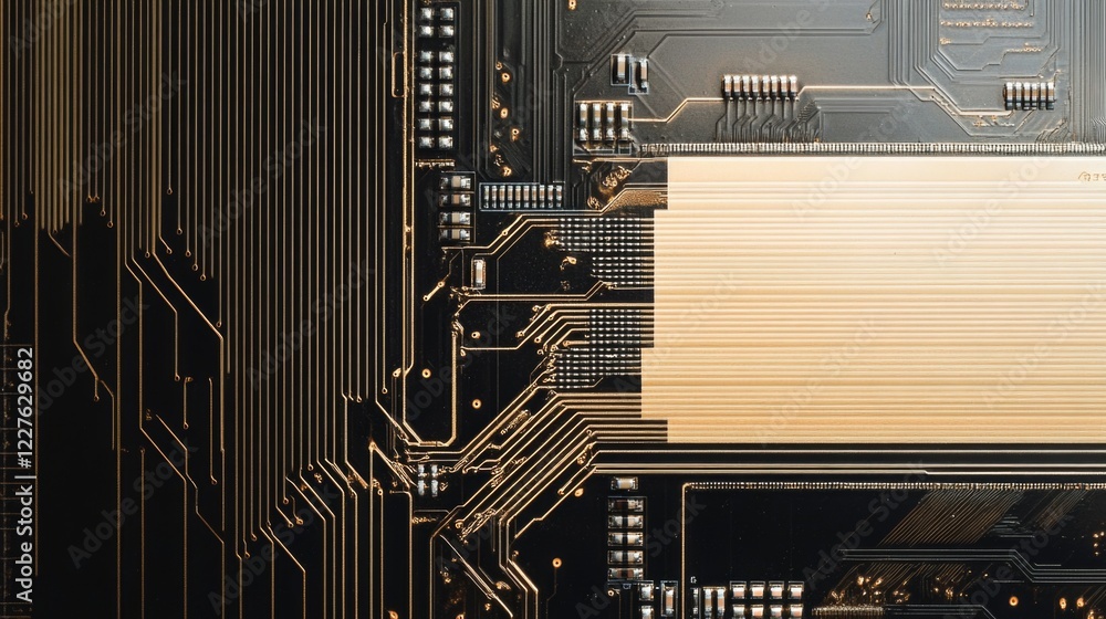 Poster advanced microchip design with precision circuits highlighting technology innovation and empty space