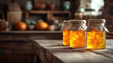 Rustic kitchen scene featuring small jars of vibrant marmalade arranged on a weathered wooden table with a warm, inviting atmosphere.