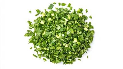 Chopped fresh zucchini and greens isolated on a white background for healthy cooking and ingredient preparation concepts