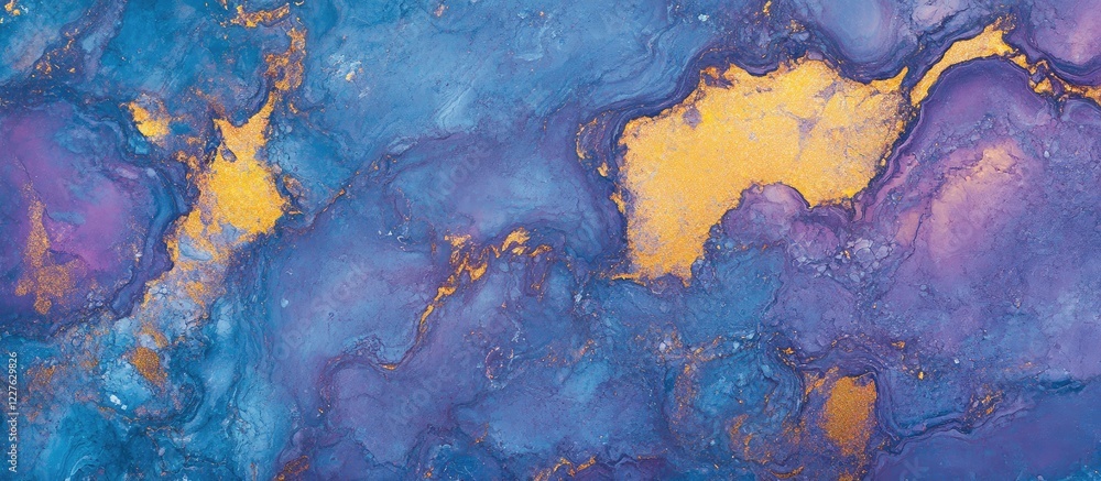 Poster abstract blurred holographic marble background in blue purple and yellow with open space for text an