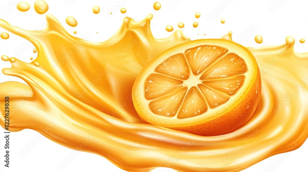 Poster dynamic orange juice splash with sliced orange and droplets on yellow background isolated for fresh 