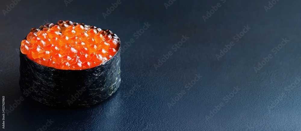 Poster japanese seafood roll with fish roe on dark background and ample empty space for text or branding